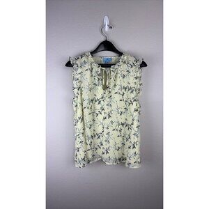 Cece - Medium - Floral Ruffle Sleeveless Blouse, Light Yellow With Tie Neck